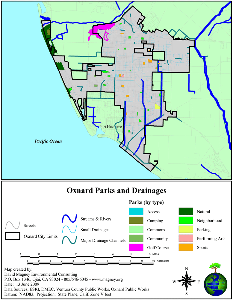 Map of Oxnard Parks and Drainages