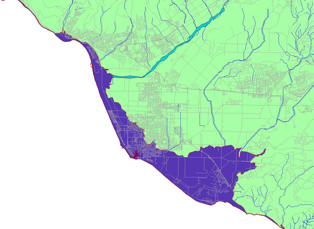 map of sea level rise at 20 feet in coastal Ventura County